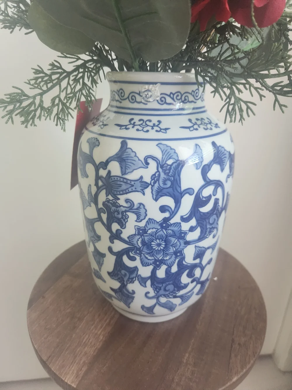Blue and White Chinoiseire Ceramic Ginger Jar Vase with Holiday Pine Arrangement